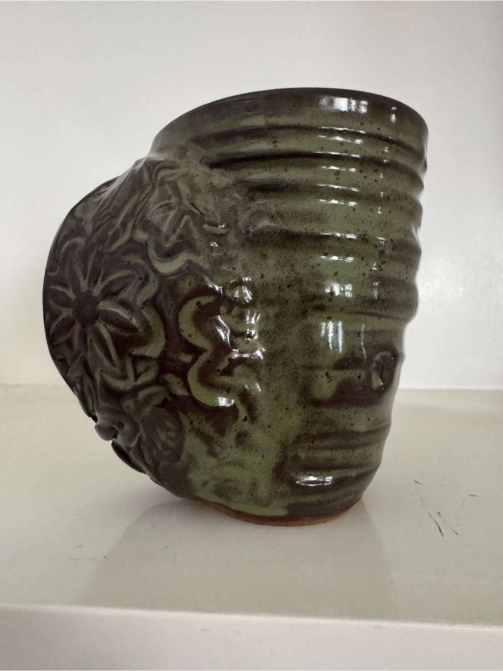 Dunkars Studio Art Pottery Mug Signed Tall 5.75" Floral Dragonfly Stoneware